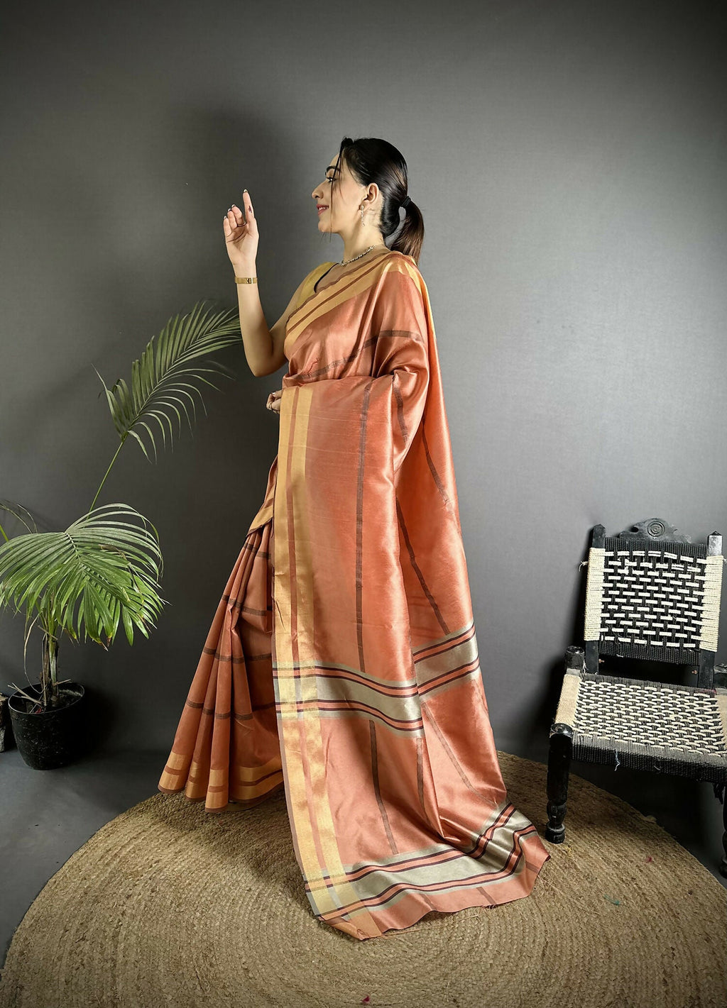 Joban Fashion Peach Woven Pattern Raw Silk Kanjivaram Silk Saree - Distacart