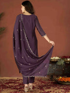 The52 Wine Women's Gorgeous Vichitra Fabric Embroidered Work Straight Kurta Pant and Dupatta Set - Distacart