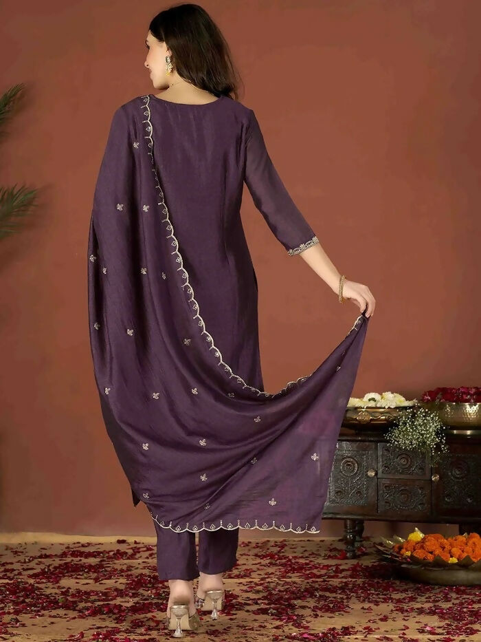 The52 Wine Women's Gorgeous Vichitra Fabric Embroidered Work Straight Kurta Pant and Dupatta Set - Distacart