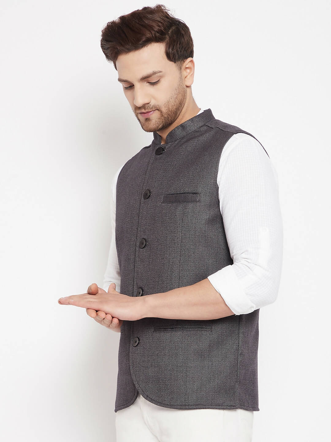 Even Apparels Grey Merino Men Woven Nehru Jacket PW685 - Distacart