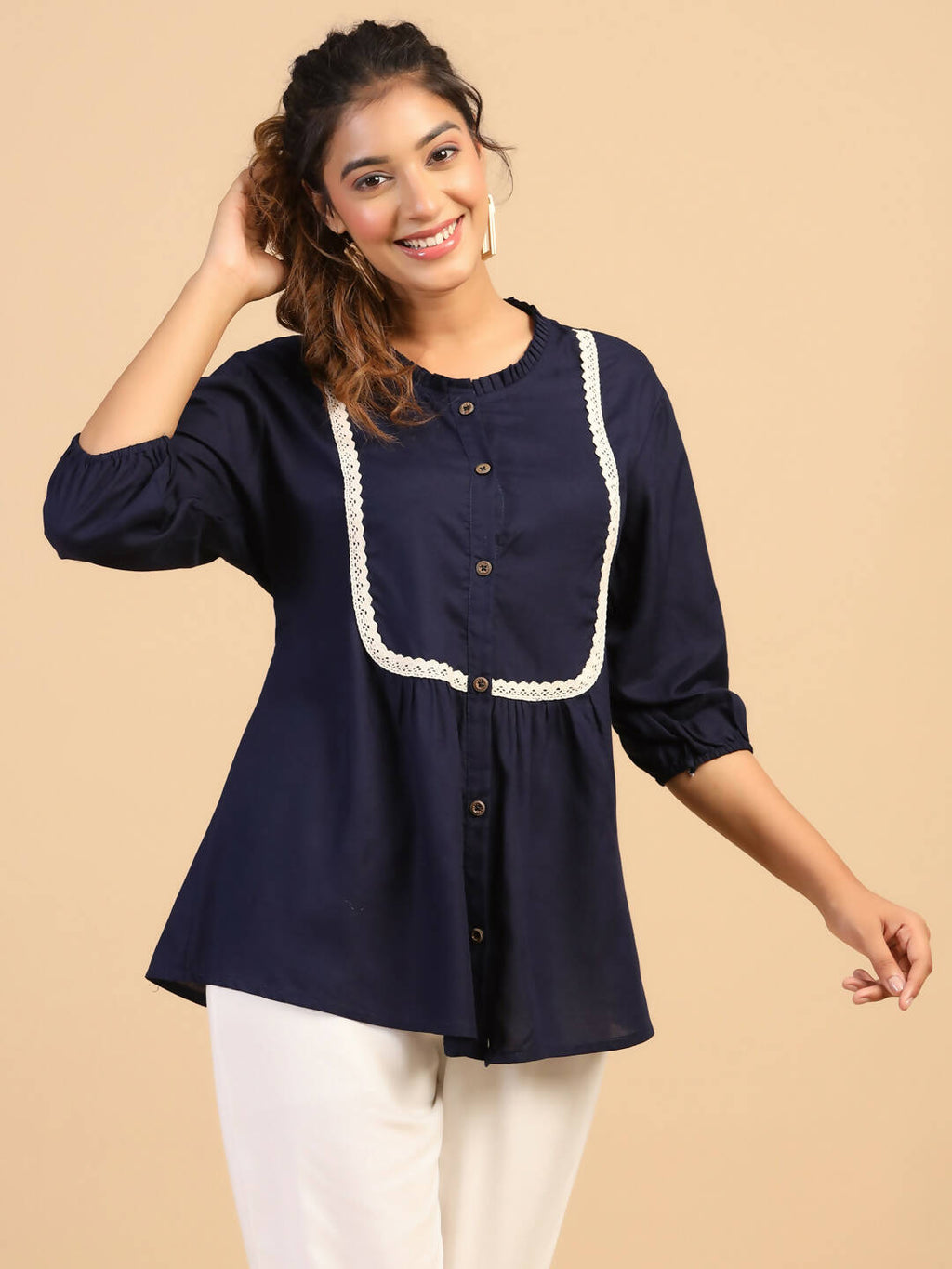 Womens Dark Blue Rayon Solid Top - Keeva