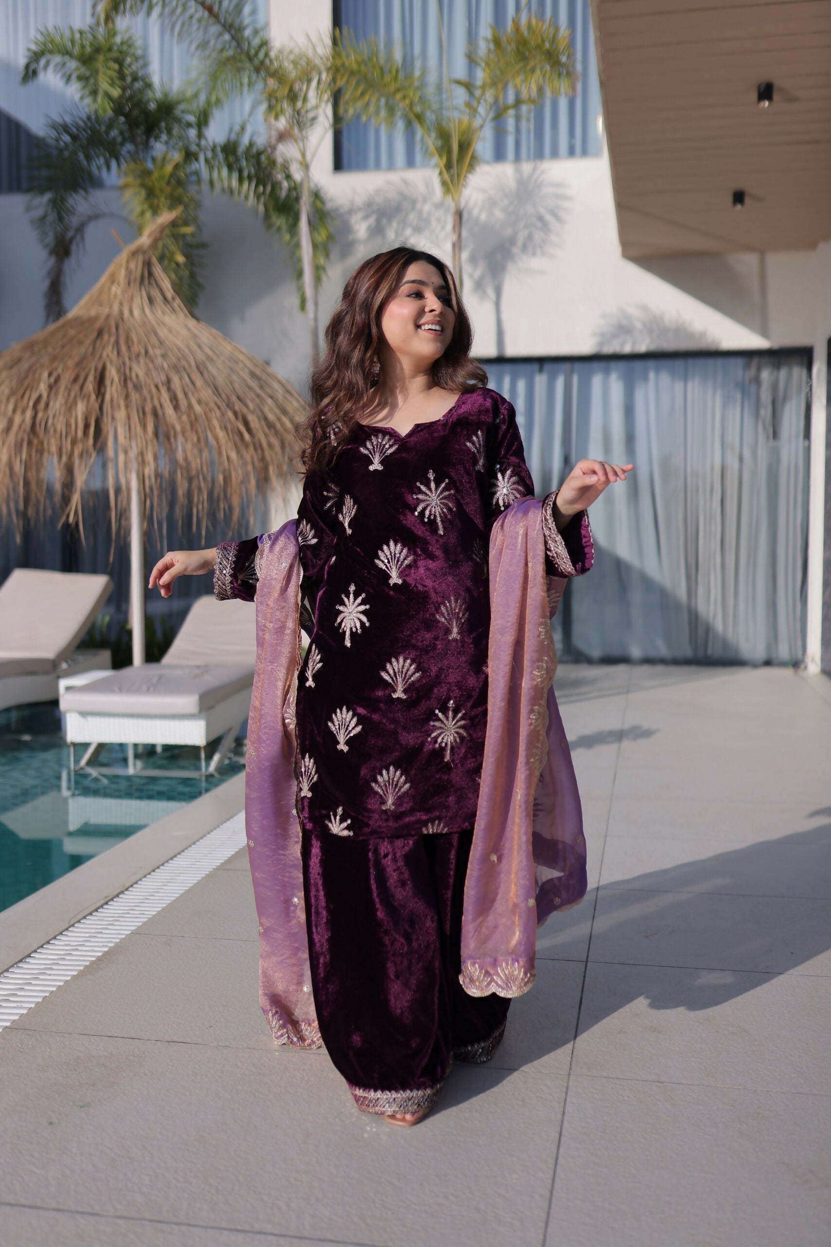 Joban Fashion Maroon Velvet Embroidery Sequence Work Readymade Kurta Set - Distacart