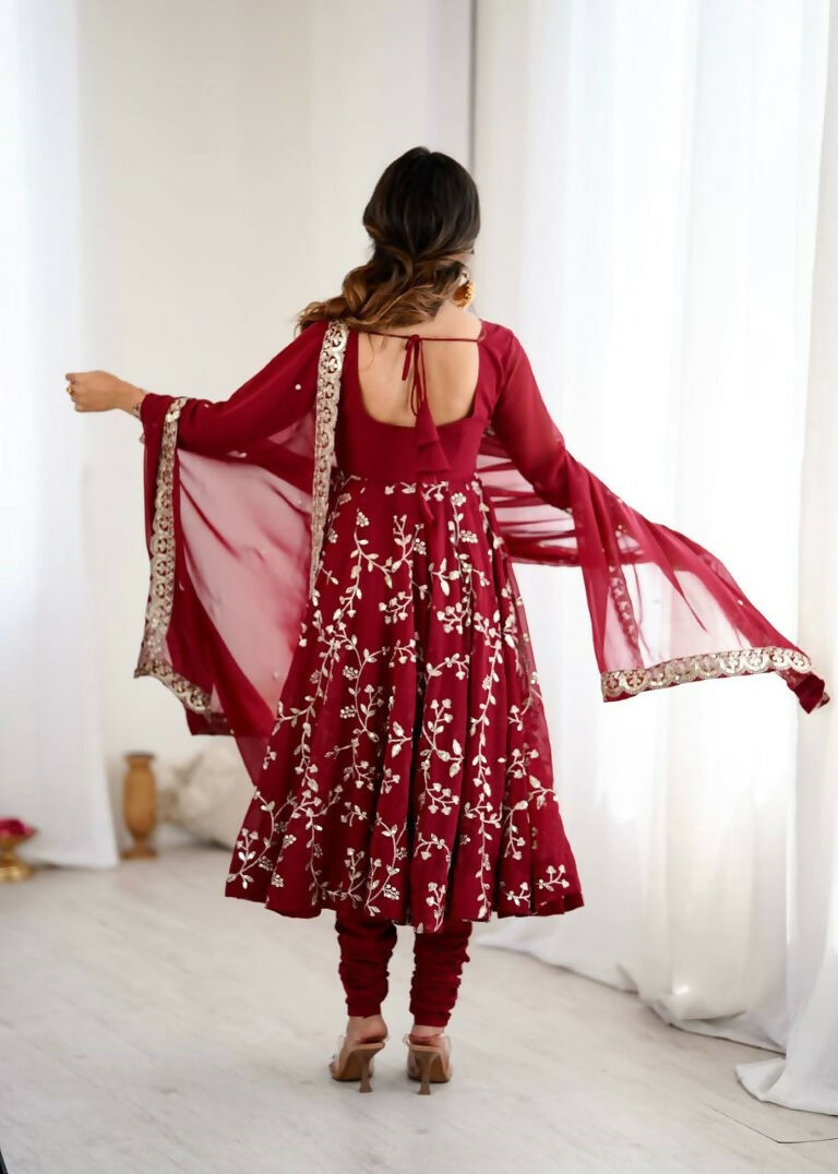 Teeya Creation Maroon Color Heavy Faux Georgette Embroidery Work Gown - Distacart
