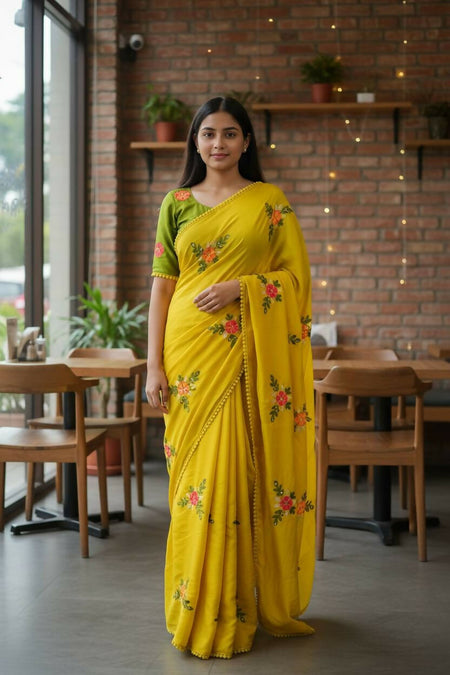 Teeya Creation Yellow Rangoli Silk Embroidery Work Party Wear Designer Saree