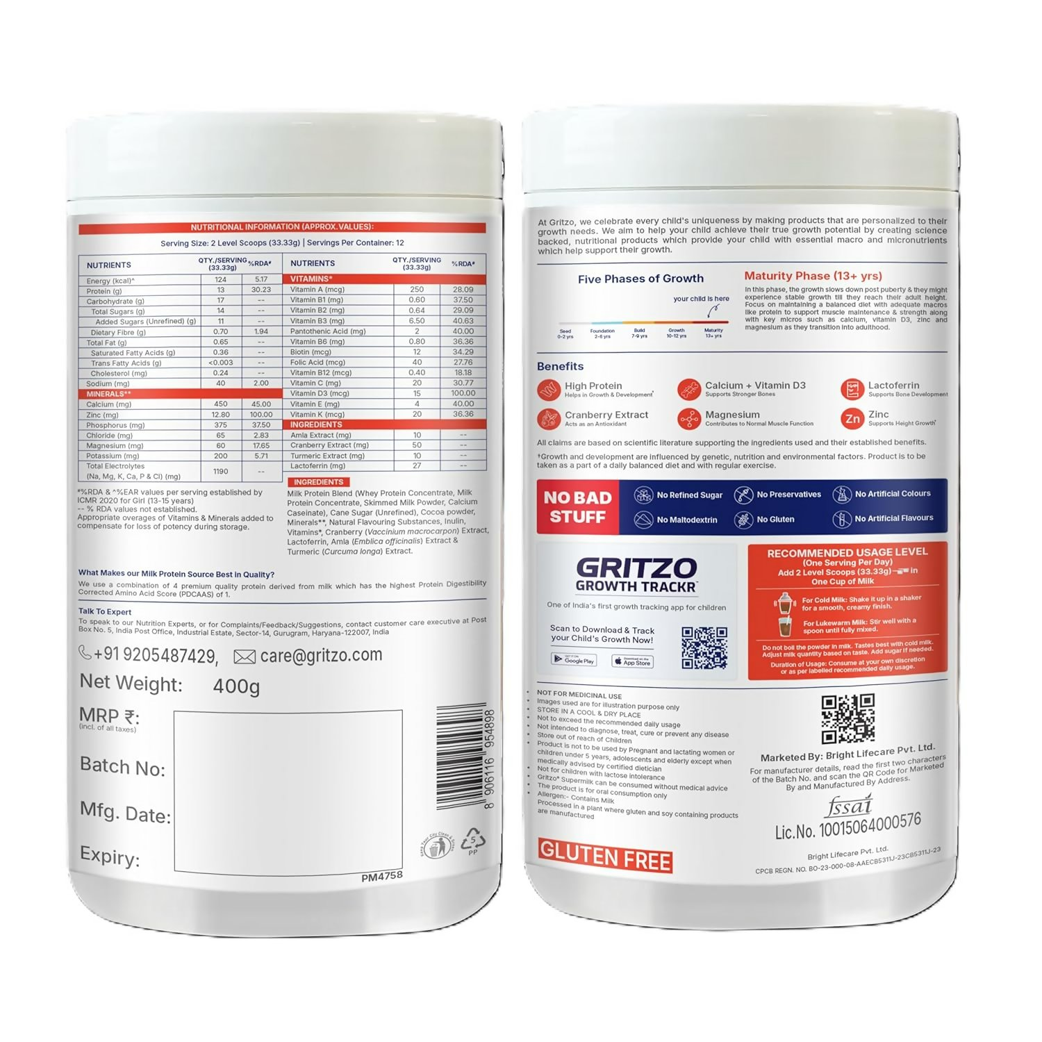 Gritzo SuperMilk Growth+ (Formerly Height+) (13+y Boys & Girls) 13g Protein Powder - Double Chocolate