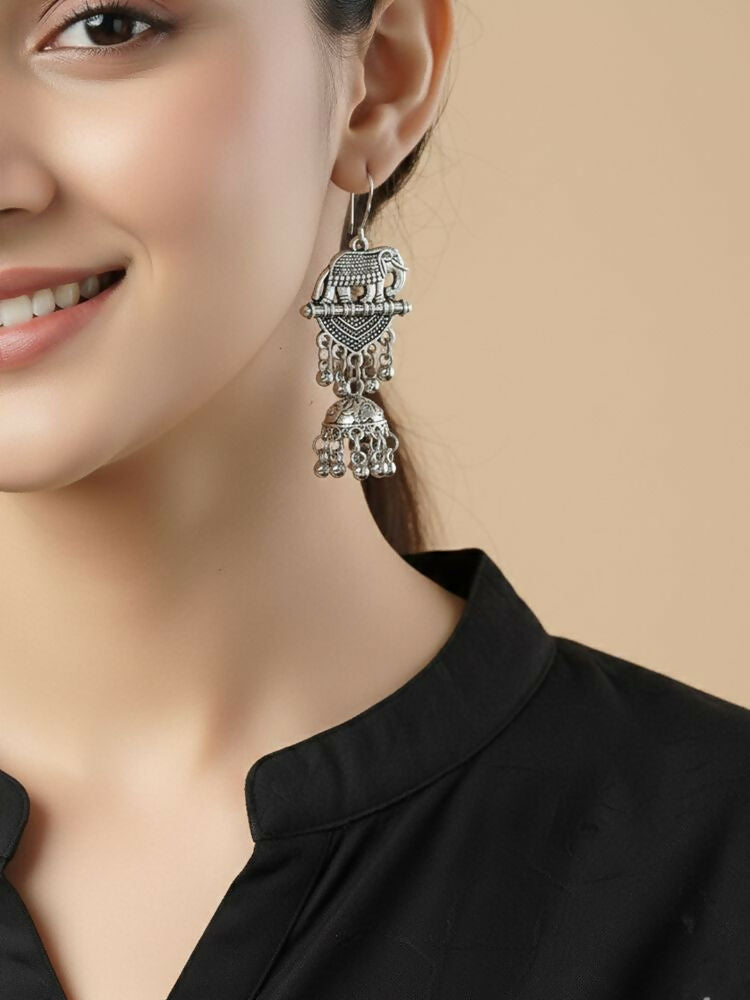 NVR Women Elephant Design German Silver Oxidised Jhumka Earrings - Distacart