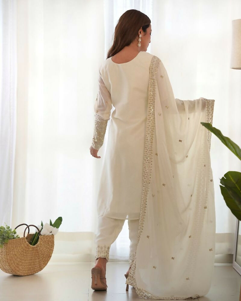 Joban Fashion White Kurta Set Silk Sequence Embroidery Work - Distacart