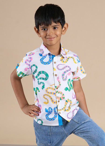 Snakes and Ladders Boys Multi Color Snake Print Shirt from Siblings Collection
