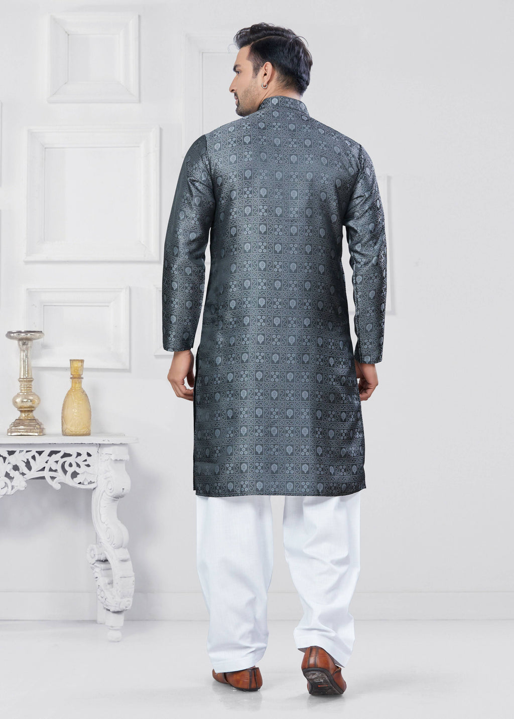 Joban Fashion Men's Jacquard Silk Grey Printed Kurta Pyjama set