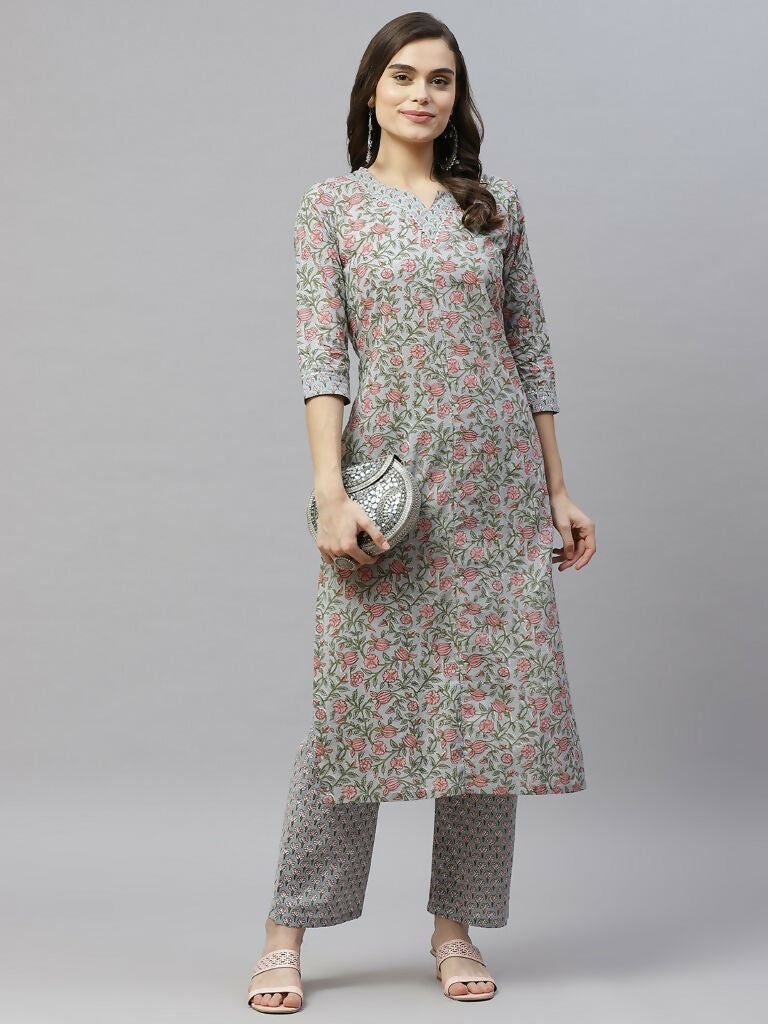 Miravan Women's Cotton Floral Printed Straight Kurta Palazzo 