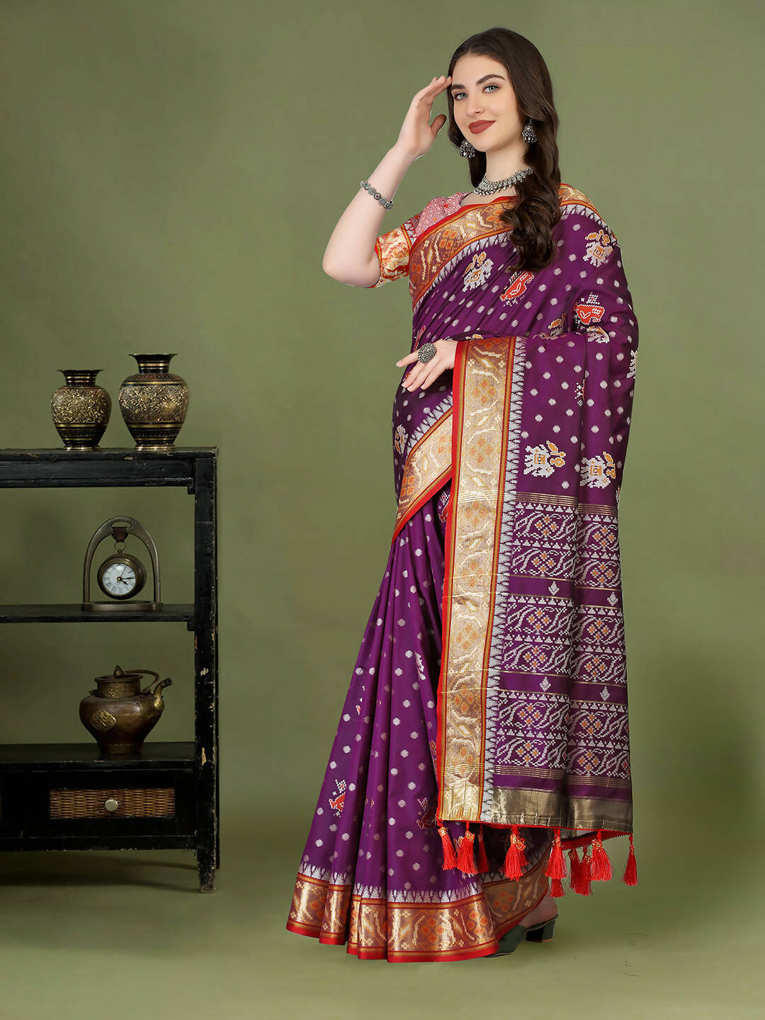 Lorenvalley Fashion Purple Patola Silk Woven Design Zari Meenakari Weaving Saree