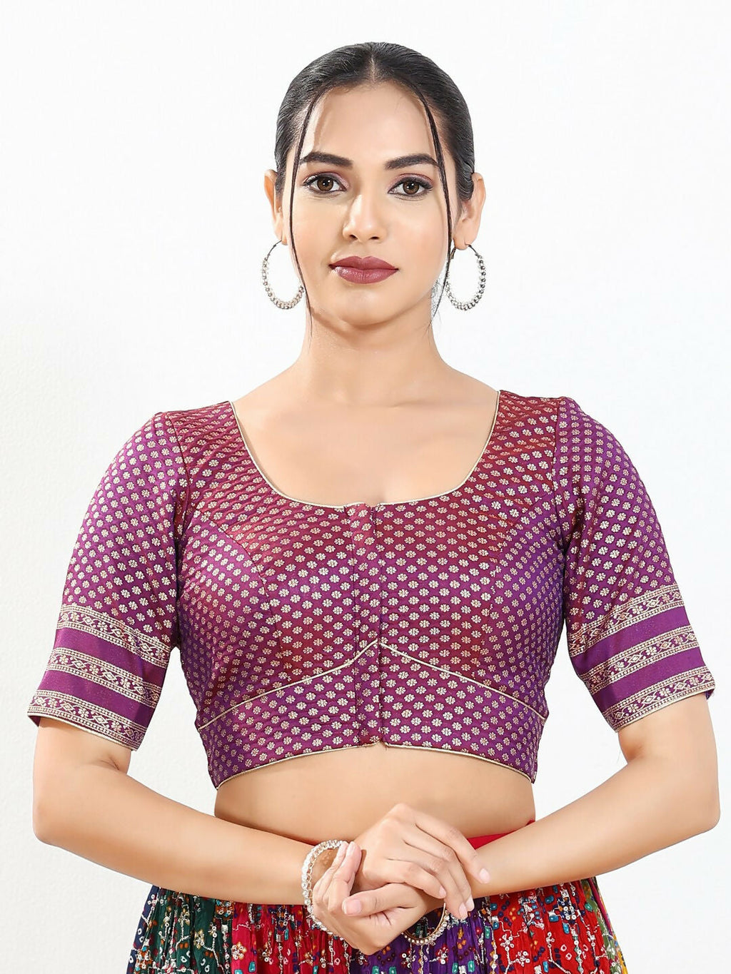 Joban Fashion Purple Brocade Padded Blouse With Round Neck Elbow Sleeves - Distacart