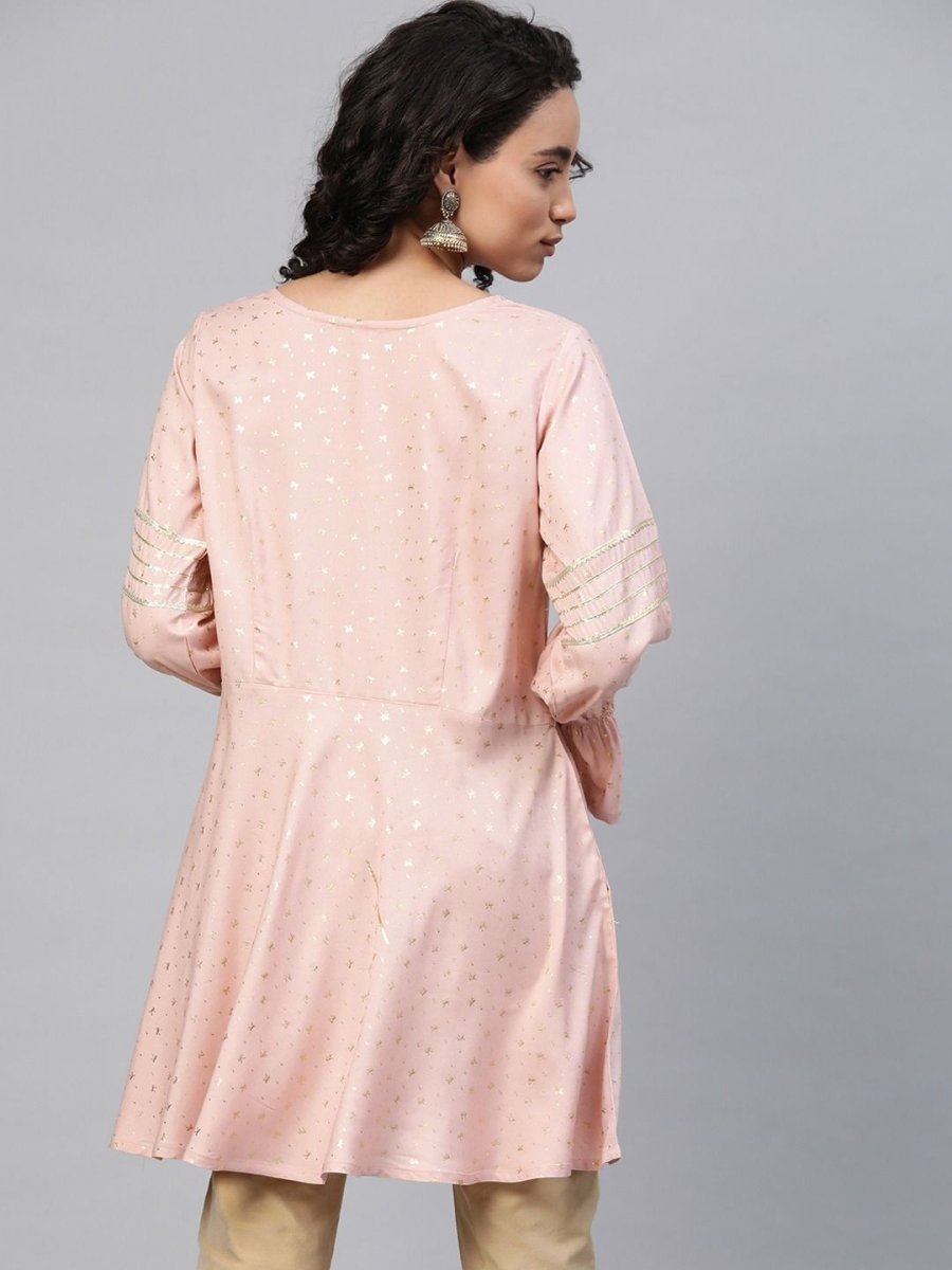 Ahalyaa Women Pink Rayon Golden Ethnic Print Tunic