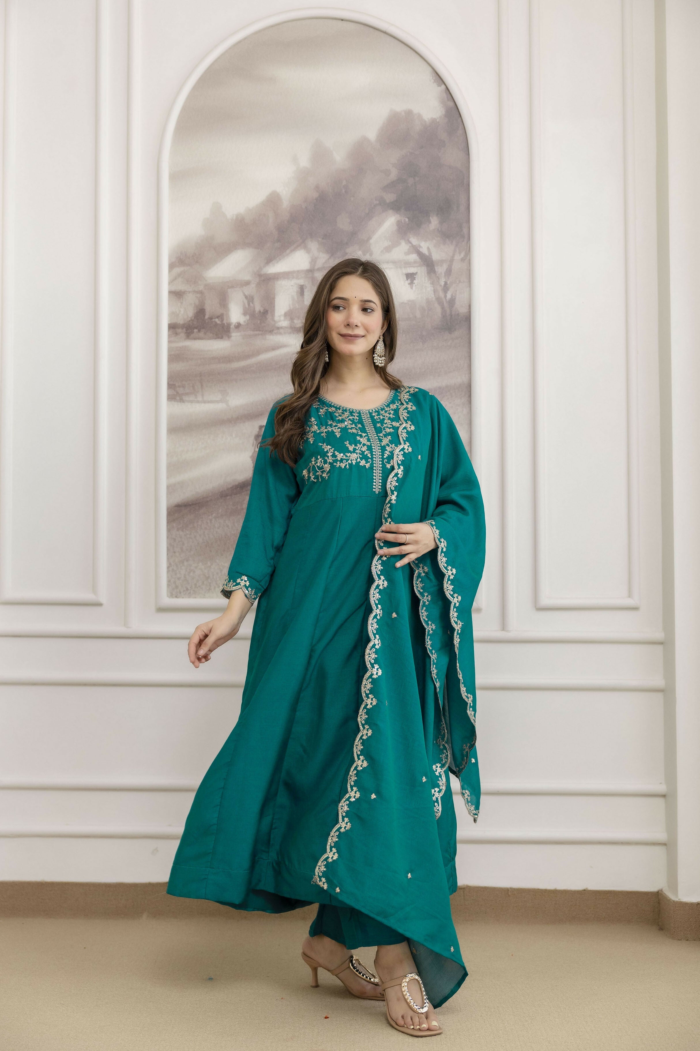 The52 Rama Women's Beautiful Vichitra Silk Fabric Embroidered Work Flared Anarkali Pant and Dupatta Set - Distacart