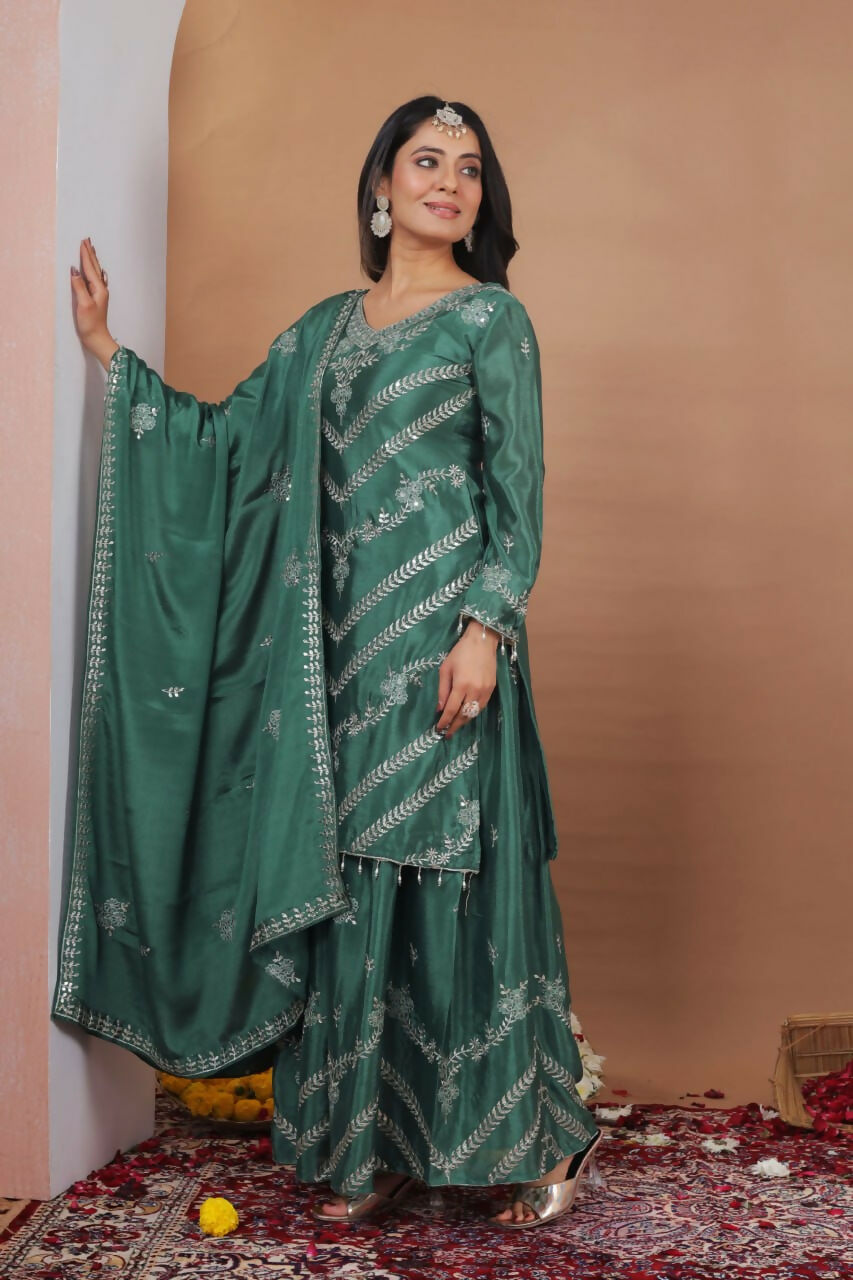Teeya Creation Green Color Chinon Silk Wedding Wear Trending Palazzo Set - Distacart