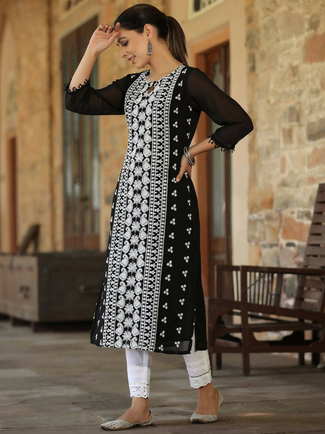 Juniper Women's Black Georgette Printed Kurta - Distacart