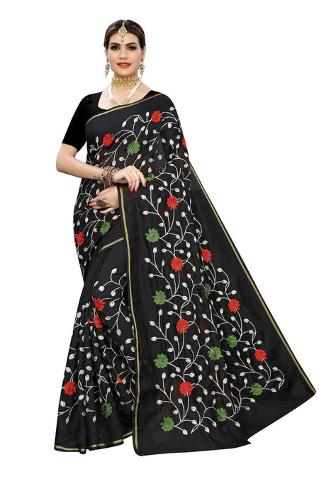 Vamika Black Chanderi Cotton Red Flowers Embroidery Saree