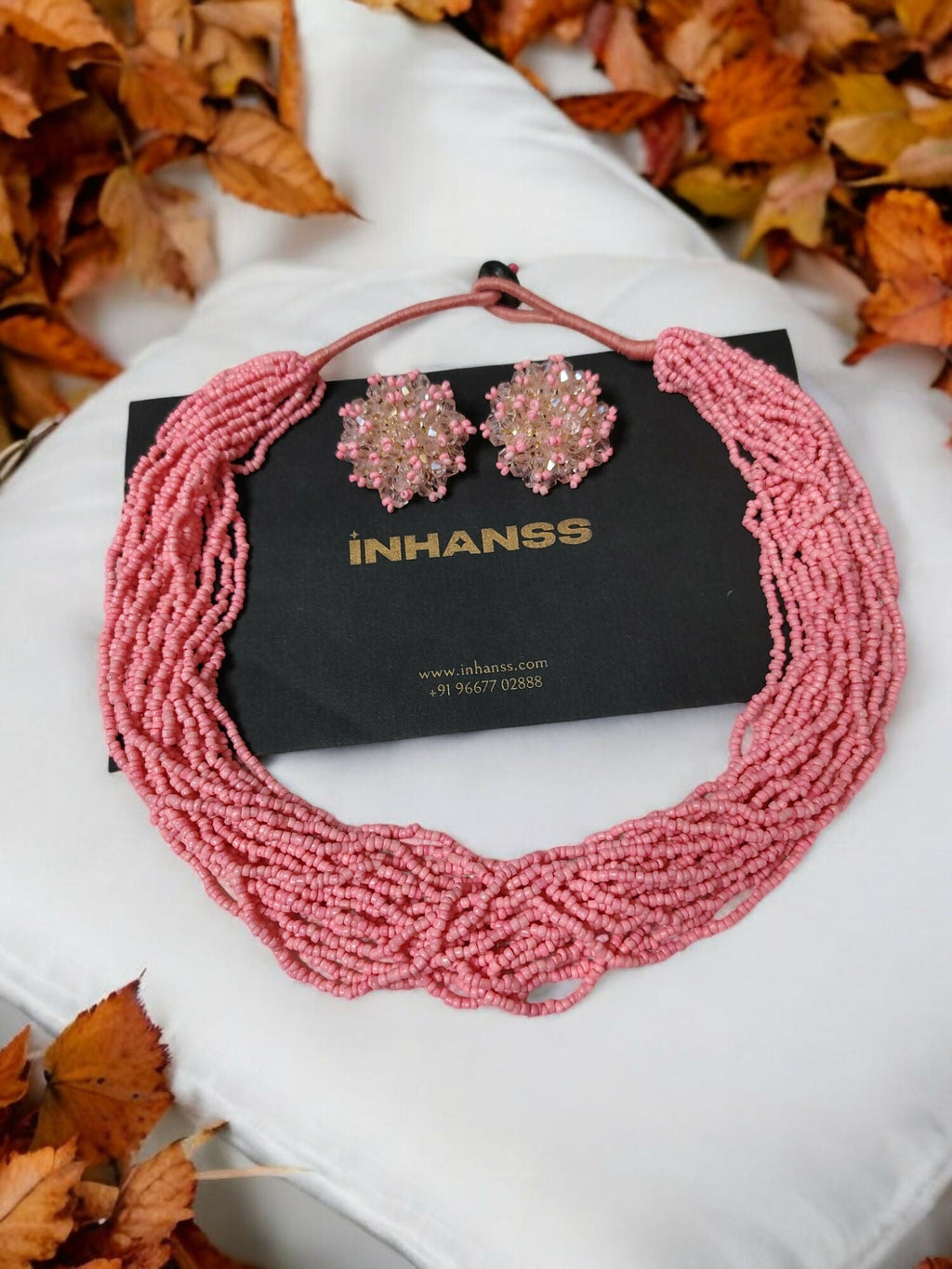 Inhanns Vibrant Handmade 20 Layers Beaded Necklace With Matching Earrings - Light Pink