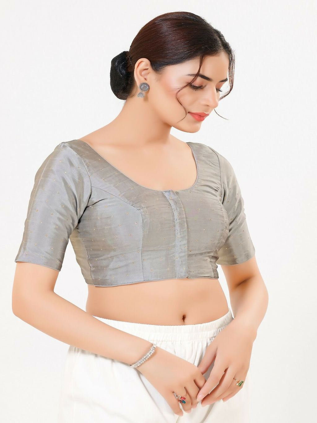 Joban Fashion Grey Taffeta Silk Elbow Sleeveless Front Open Blouse