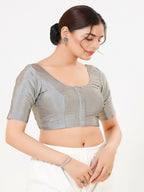 Joban Fashion Grey Taffeta Silk Elbow Sleeveless Front Open Blouse