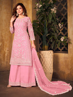 Myra Baby Pink Net Embroidered Palazzo Suit