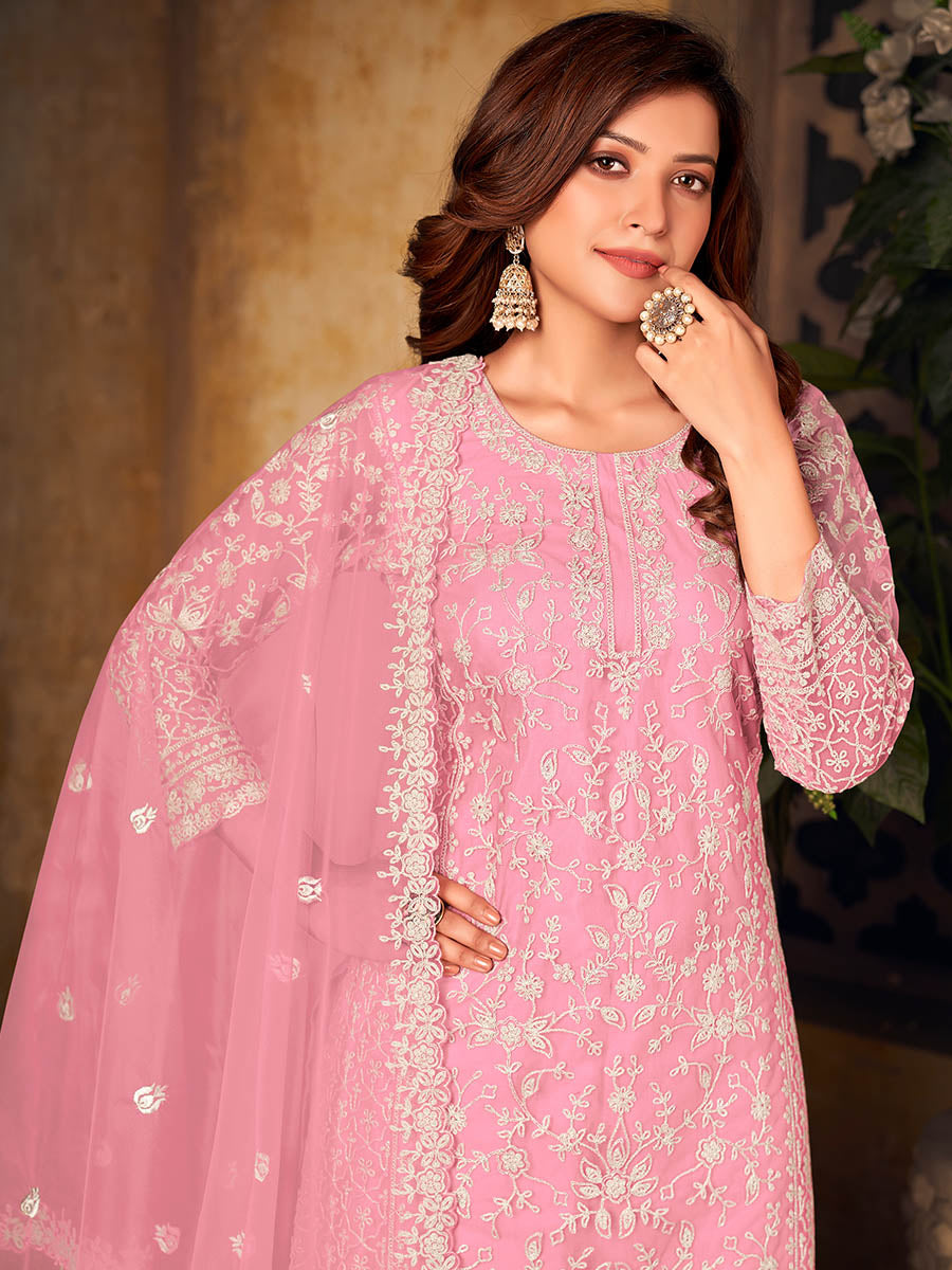 Myra Baby Pink Net Embroidered Palazzo Suit