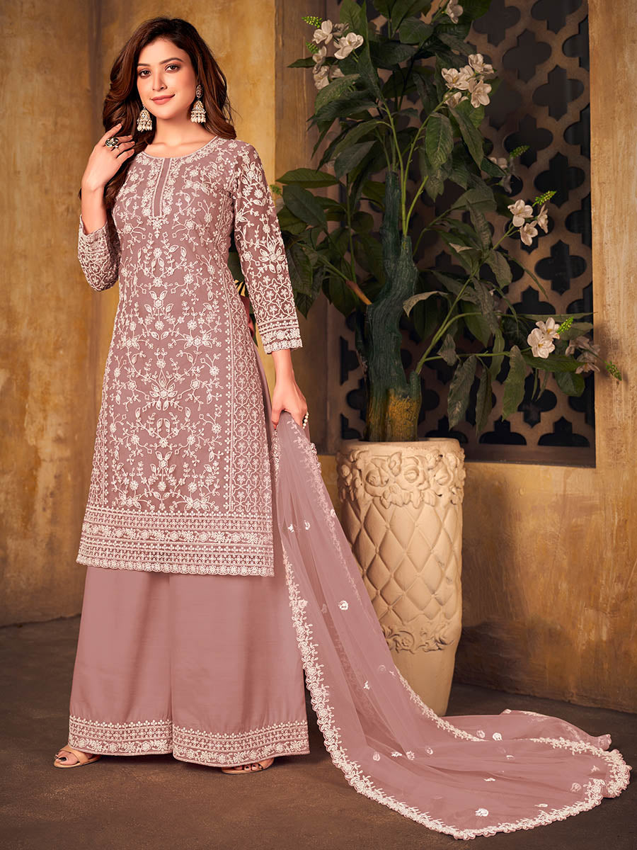 Myra Dusty Pink Net Embroidered Palazzo Suit