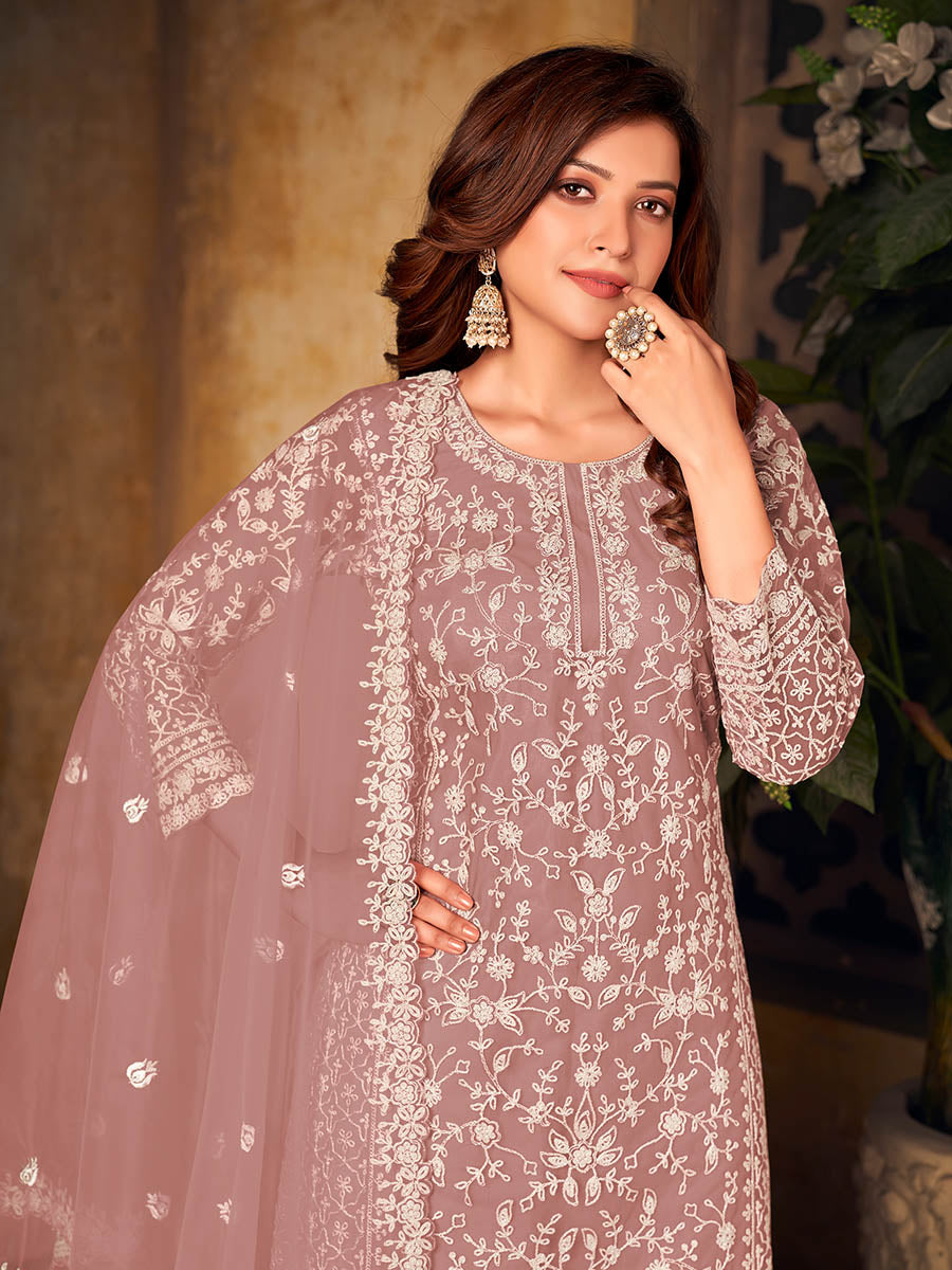 Myra Dusty Pink Net Embroidered Palazzo Suit