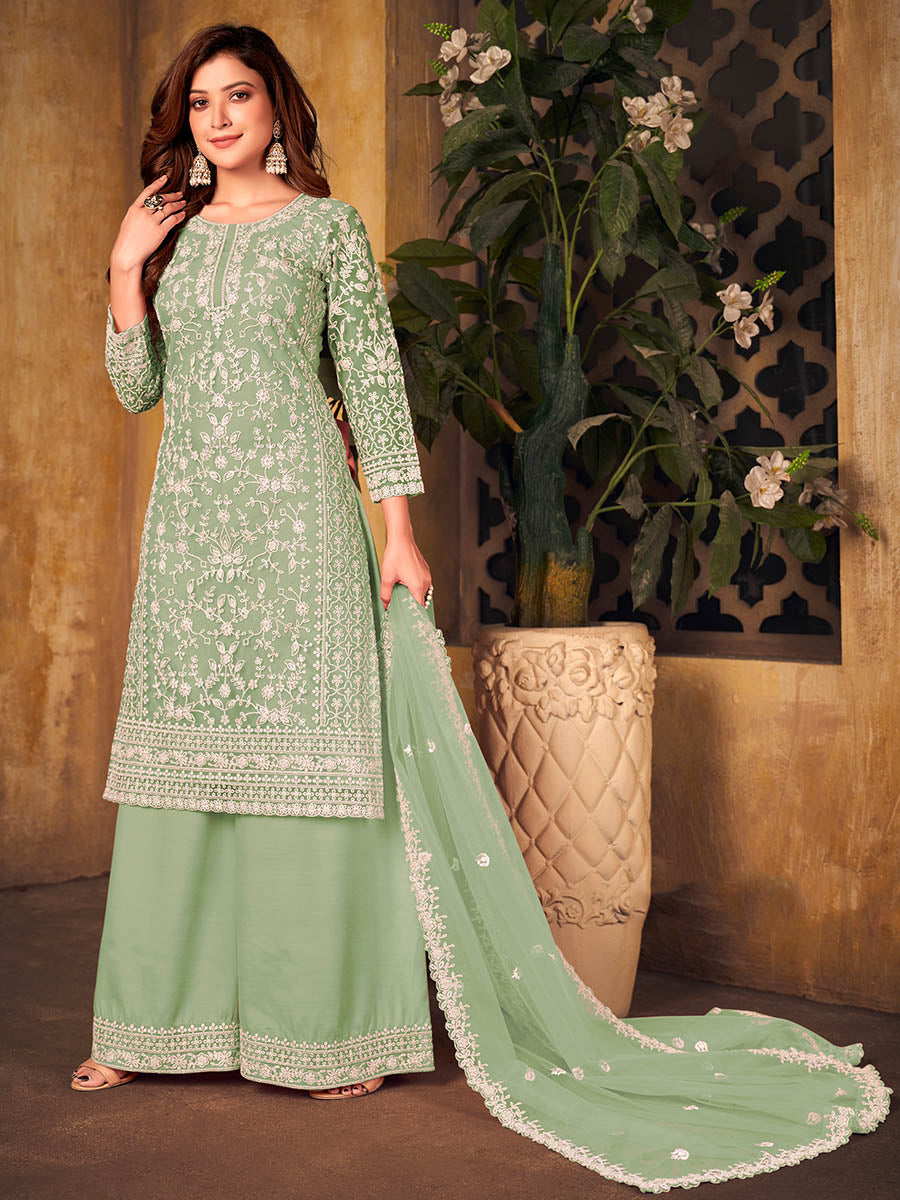 Myra Mint Green Net Embroidered Palazzo Suit