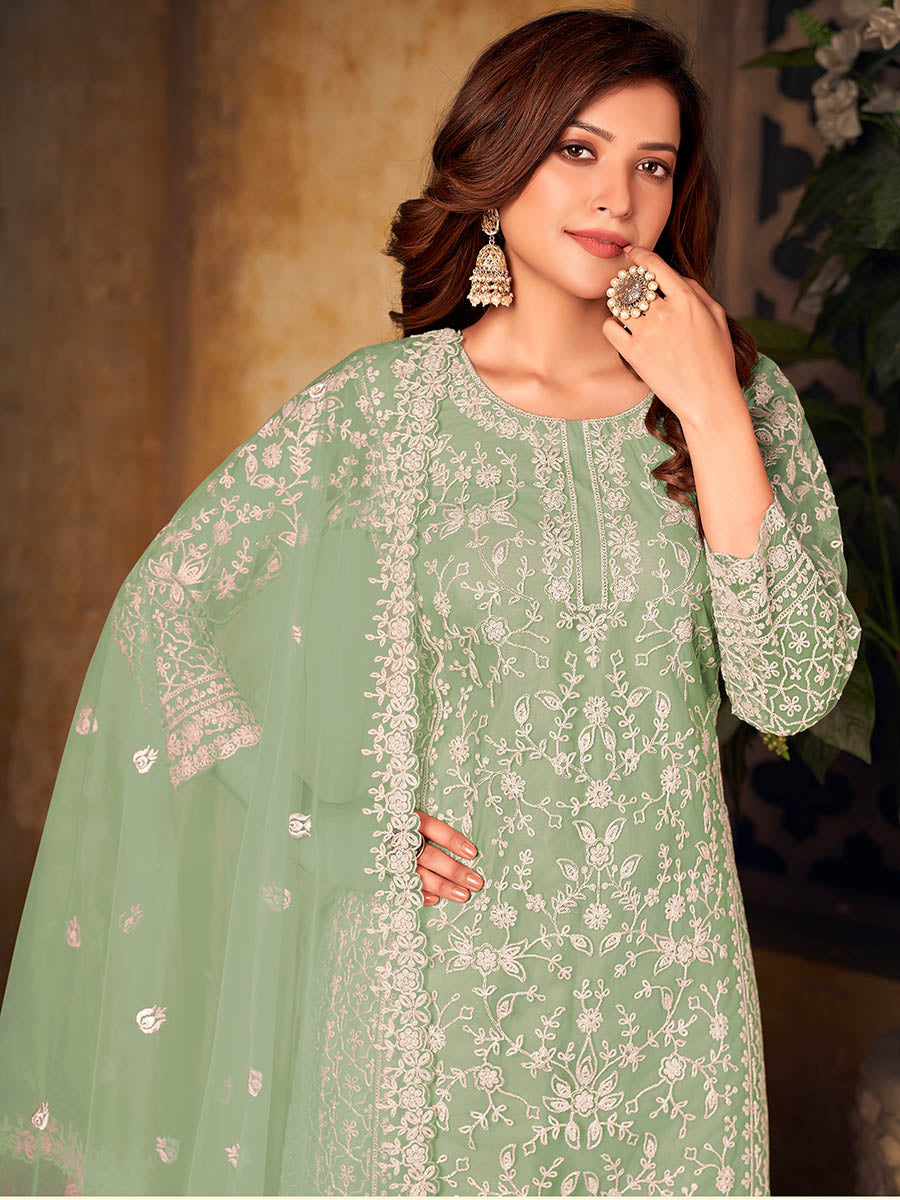 Myra Mint Green Net Embroidered Palazzo Suit