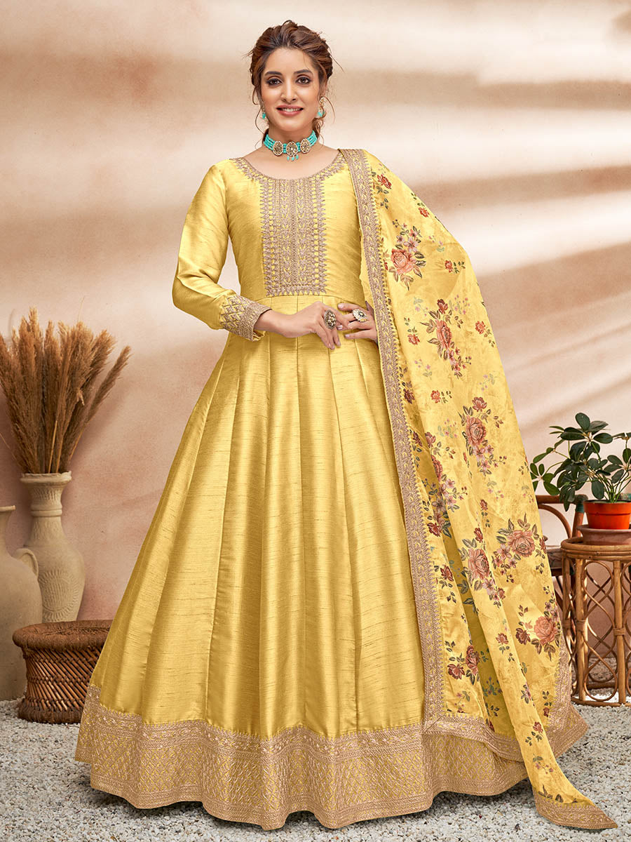 Myra Yellow Art Silk Embroidered Anarkali Suit