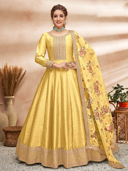 Myra Yellow Art Silk Embroidered Anarkali Suit