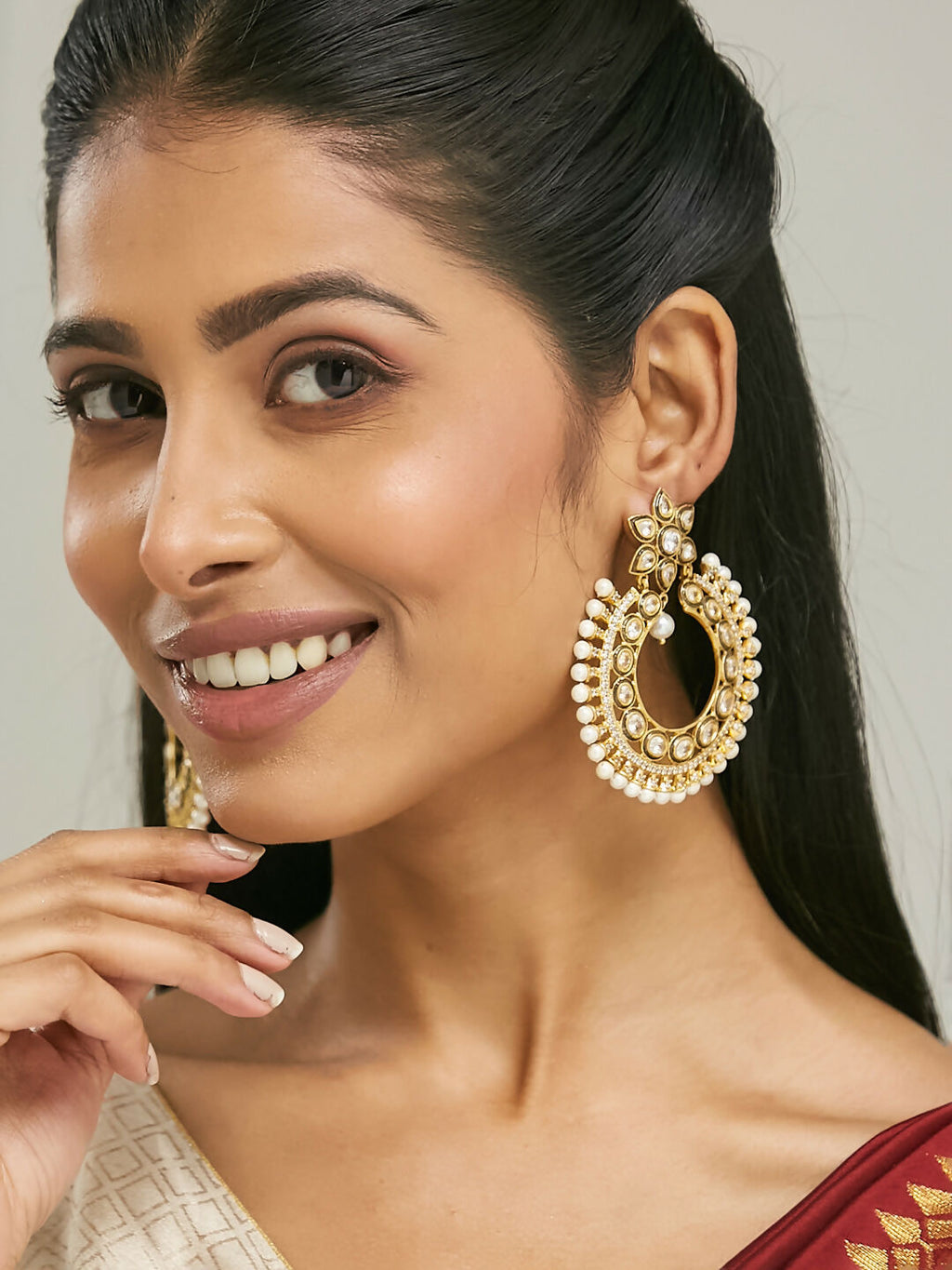 Nuyug 22K Gold-Plated Kundan Studded & Pearl Beaded Floral Chandbali Earrings - Distacart