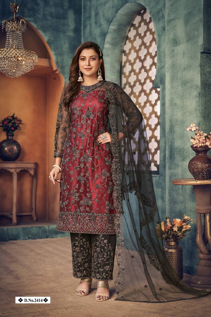 Anaita Maroon Embroidered Net Salwar Suit - Distacart