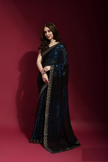 Vegaa Fashion Black Georgette Embroidered Party Wear Saree