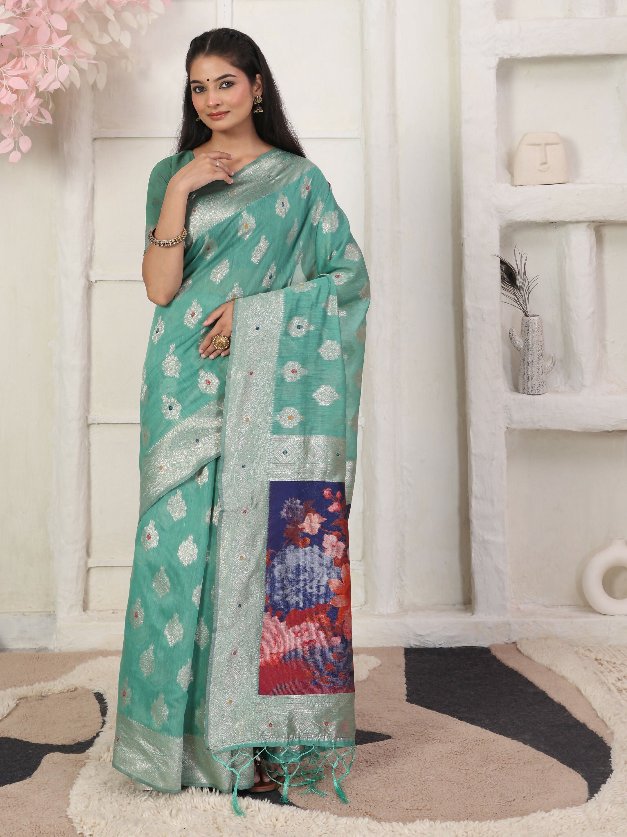 Shree Shyam Fashion Linen Cotton Rama Green Saree - Distacart