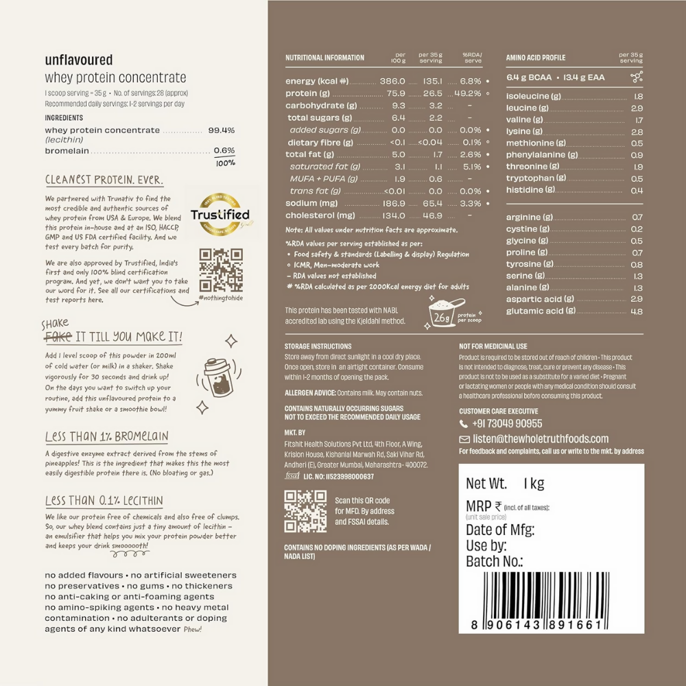The Whole Truth Whey Protein Concentrate Unflavoured - Distacart