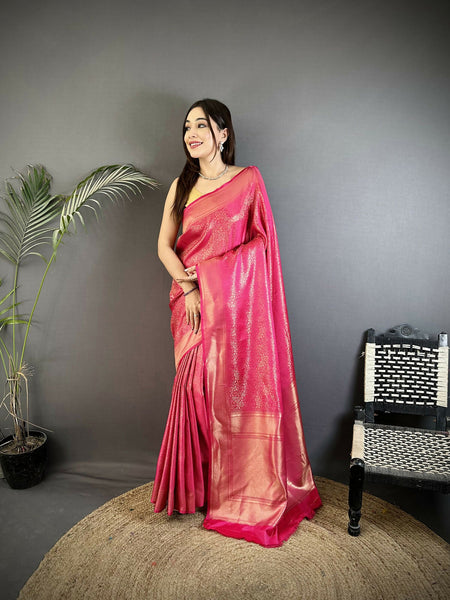 Joban Fashion Pink Floral Motifs & Ethnic Design Soft Satin Silk Kanchipuram Saree