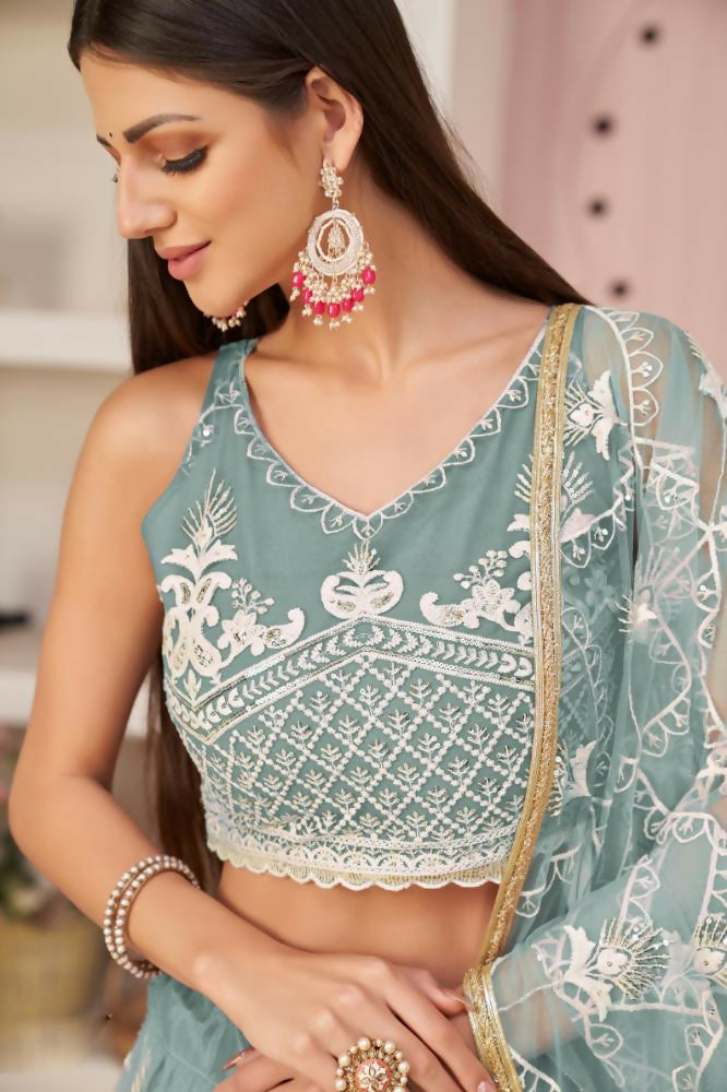 Aastha Fashion Ocean Blue Butterfly Net White Cotton Thread Work, Zari Work And Sandwich Sequence Work Embroidery Wedding Wear Lehenga Choli