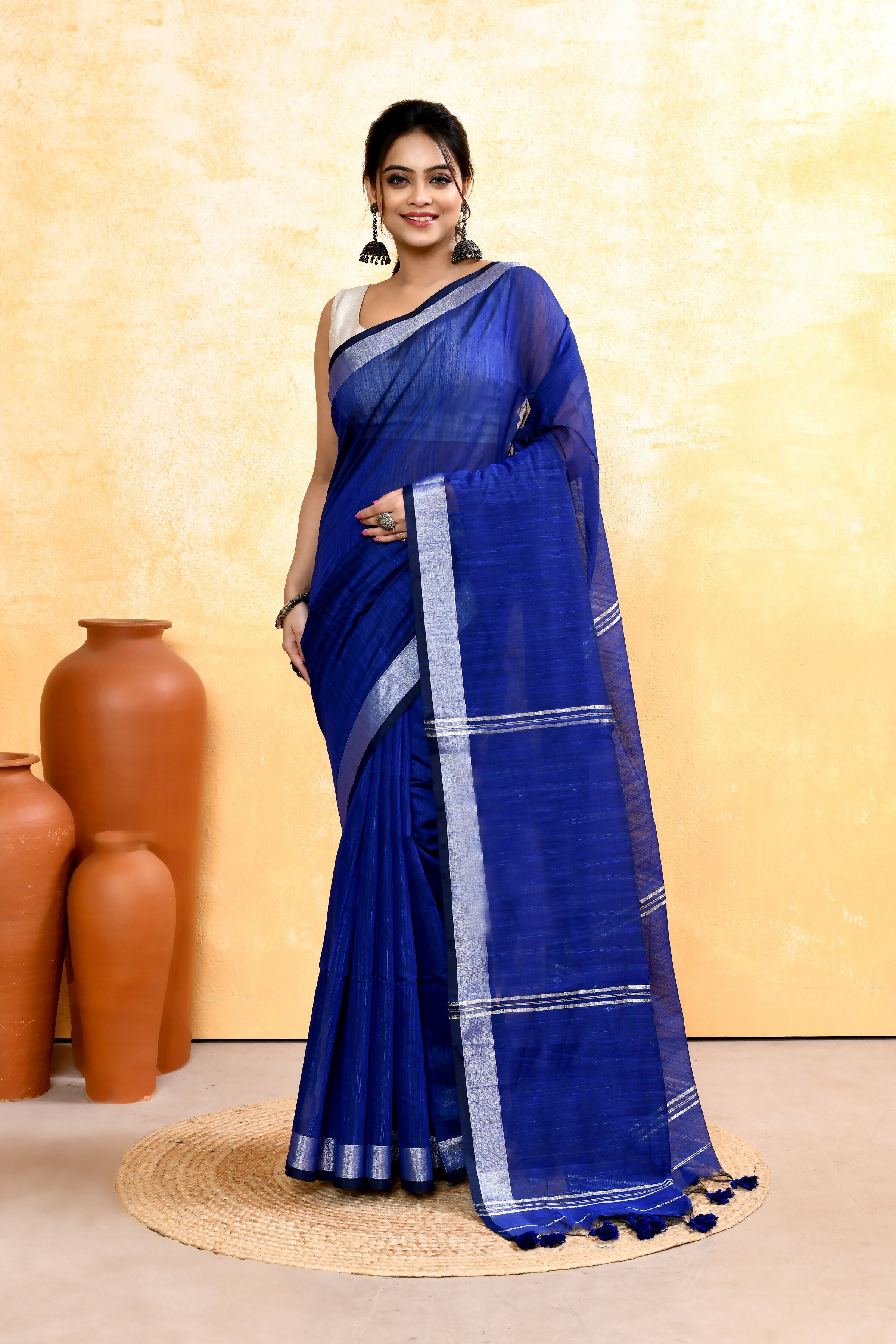 Piyari Fashion Women's Royal Blue Embellished Cotton Blend Zari Border Handloom Saree - Distacart