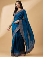 Blue Silk Blend Embroidered Saree with Unstitched Blouse - Vairagi
