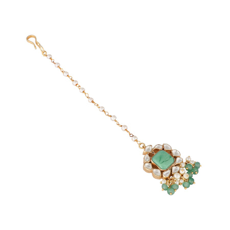 Nuyug 22K Gold-Plated Kundan & Green Stone Embellished Maang Tikka Head Jewellery