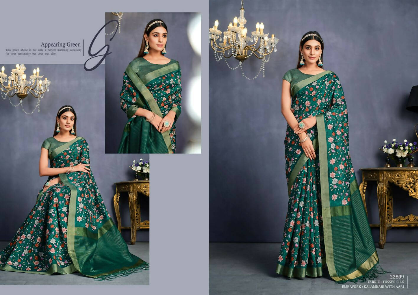 Green Tusser Silk Floral Sequence Embroidered Saree With Unstitched Blouse - Mohmanthan Aahana