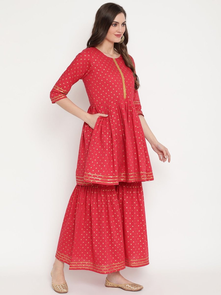 Ahalyaa Women's Red Cotton Gold Print Kurta Sharara Set
