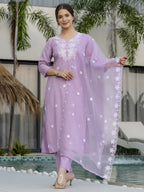 The52 Lavender Women's Beautiful Thread work Rayon Fabric with Straight Kurta, Pant and Dupatta Set - Distacart
