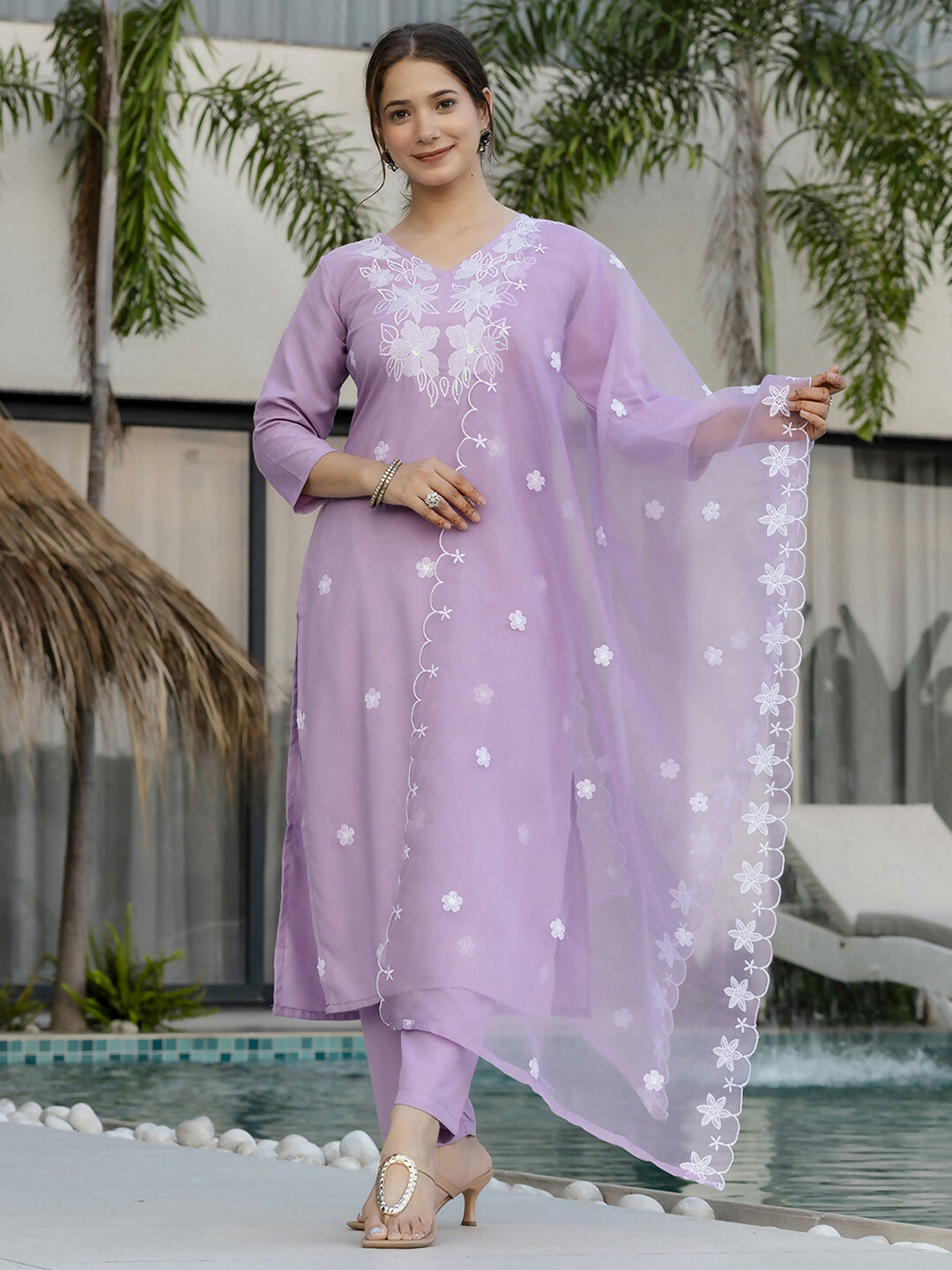 The52 Lavender Women's Beautiful Thread work Rayon Fabric with Straight Kurta, Pant and Dupatta Set - Distacart