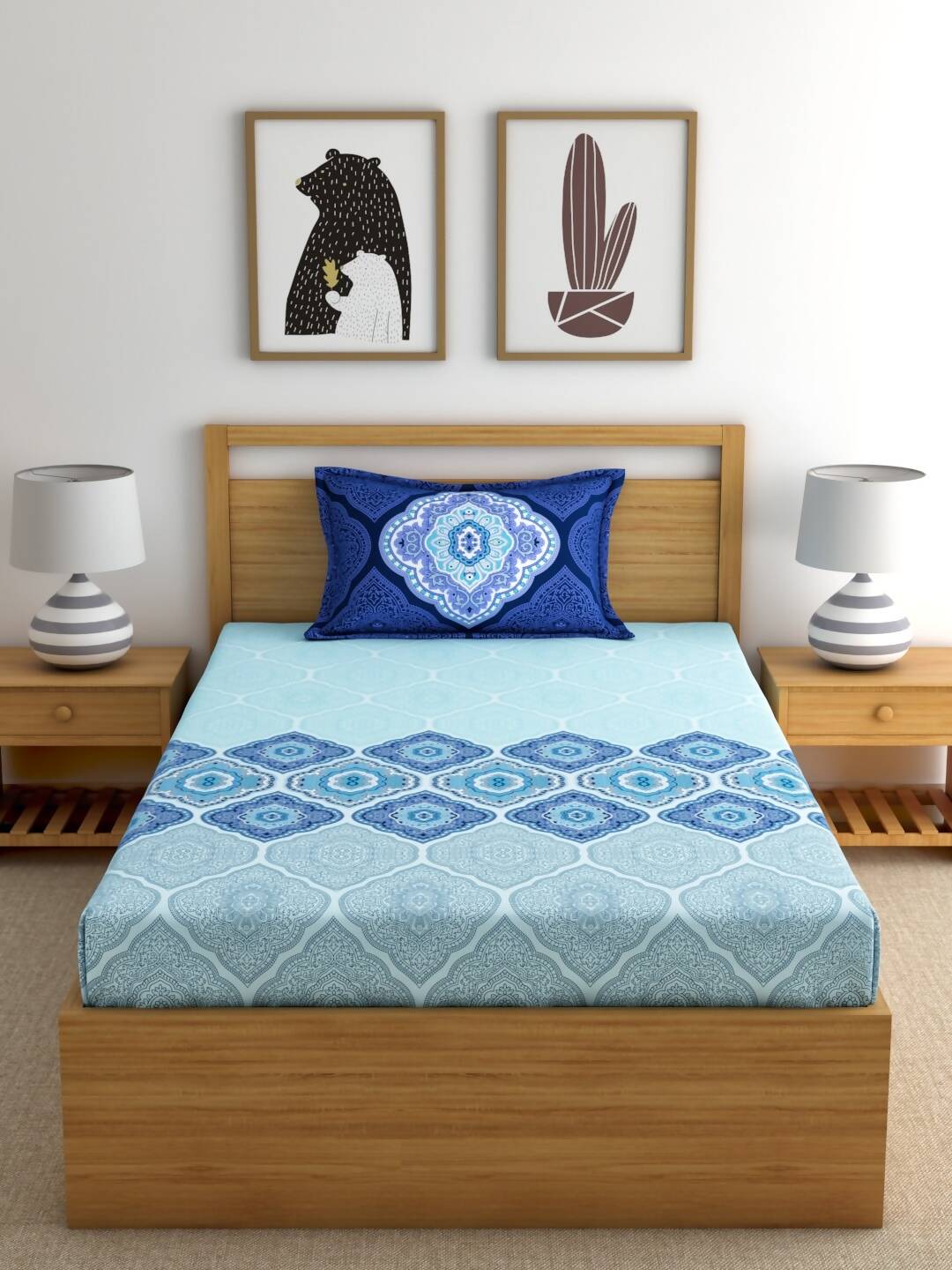 Dreamscape Blue Ethnic 144 TC Cotton Bedsheet with Reversible Pillow Covers - Distacart