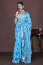Morchari Sky Blue Cotton Chanderi Embroidery Saree Unstitched Blouse - Distacart