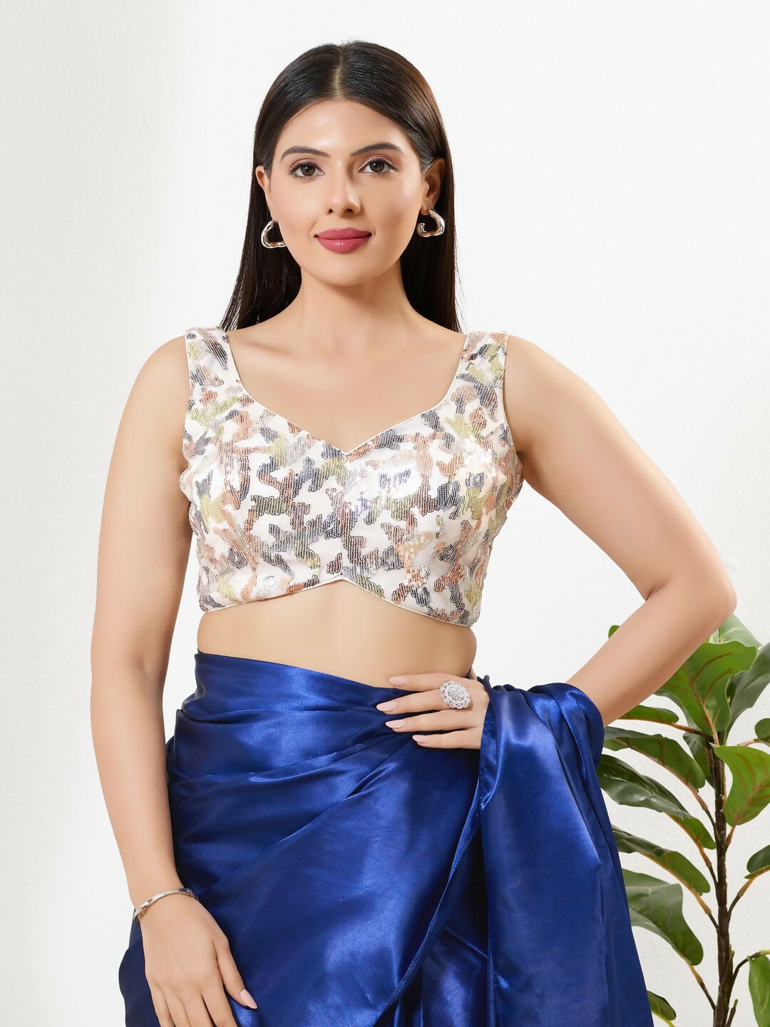 Joban Fashion White Silk Padded Blouse With Sweetheart Neck Sleeveless - Distacart