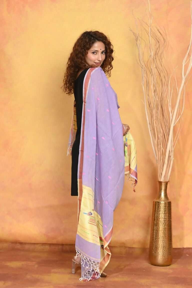 Very Much Indian Handloom Pure Cotton Paithani Dupatta - Lavender